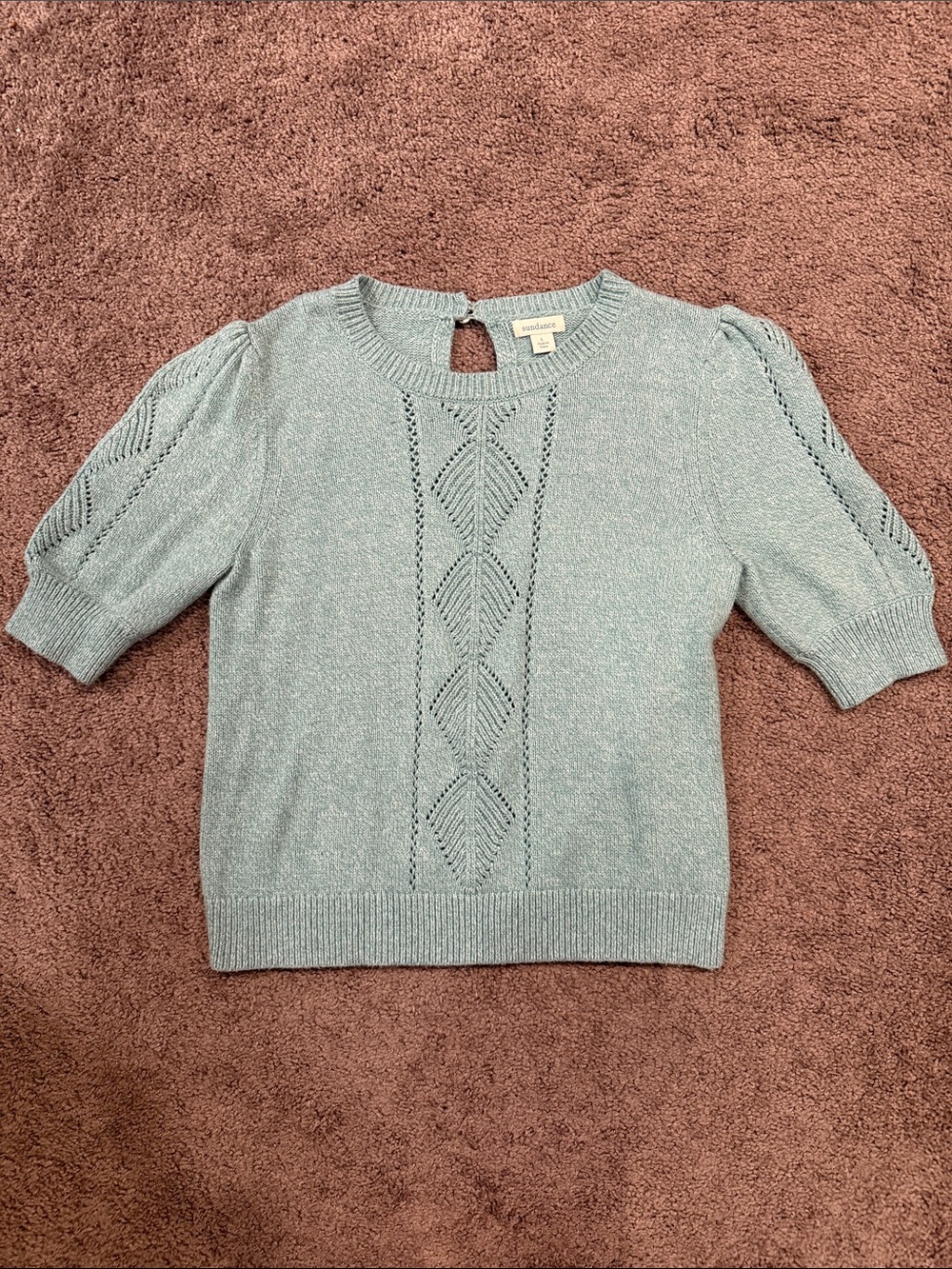 Sundance Seafoam Green Openwork Short Sleeve Crew Sweater